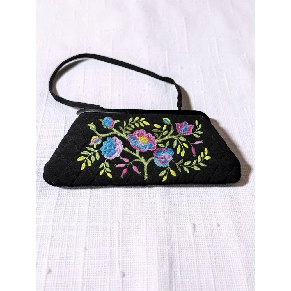 Vera Bradley Veronique Ltd. Edition Black Fabric Embroidered Floral Clutch EUC